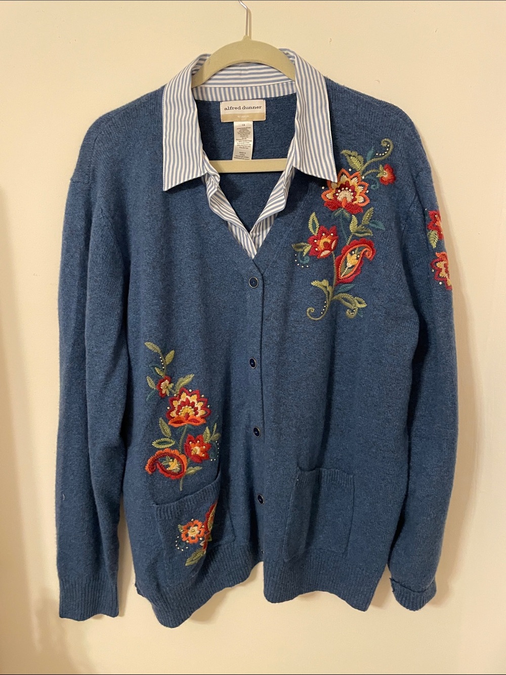 Alfred Dunner Blue Floral Embroidered Button-Front Cardigan